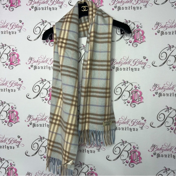 Burberry scarf blue nova check print cream beige pink blue soft 100% cashmere - Picture 2 of 13